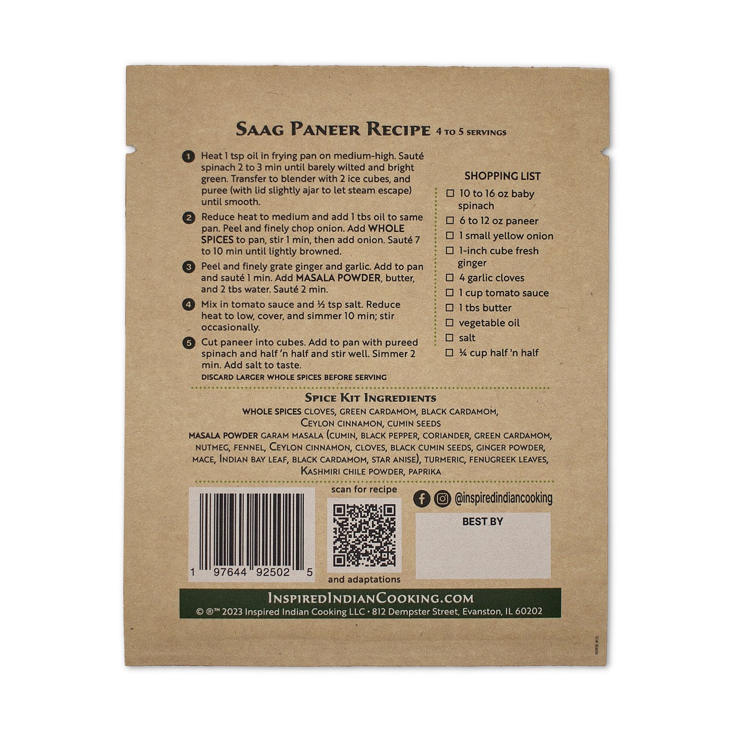 Saag Paneer Recipe back Package