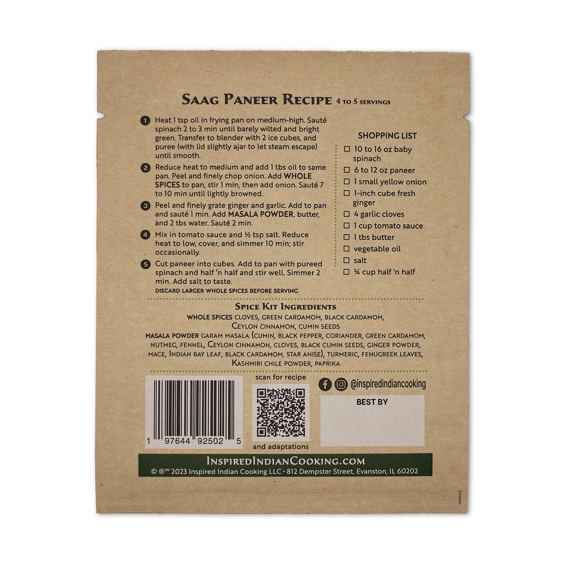 Saag Paneer Recipe back Package